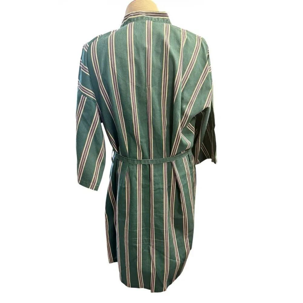 Puritan Men’s Robe Green Plum Stripe Belted Cotton Blend Kimono Loungewear